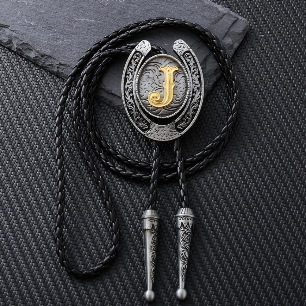 Western Silver Gold Horseshoe Letter J Initial Bolo Tie CHOOSE YOUR LETTER